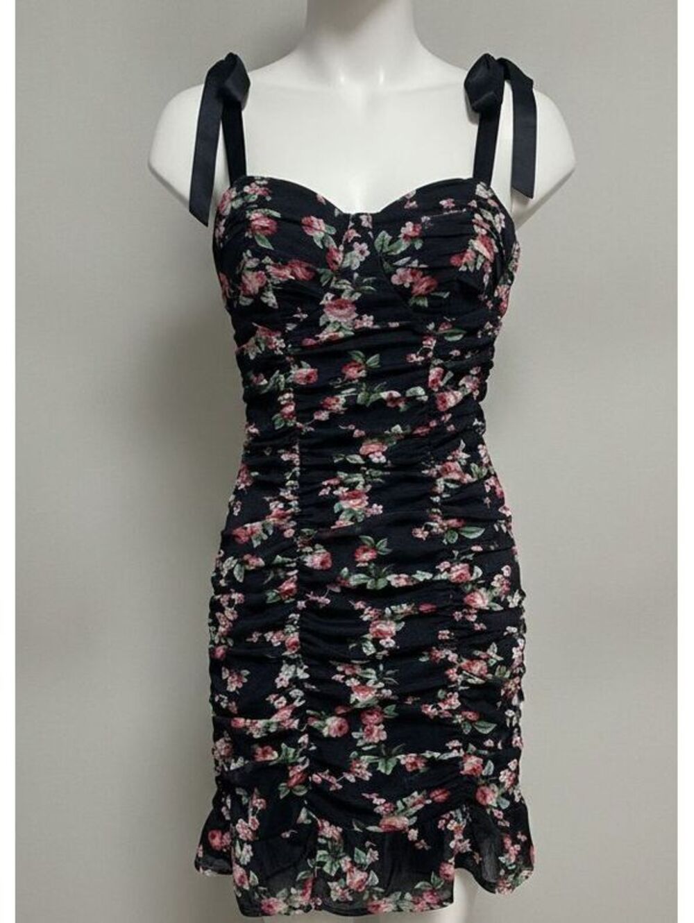 Lily Rose Floral Midi Dress Womens Medium Black Ruched Tie Strap Summer Sunneck